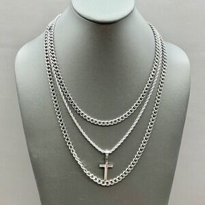 Layered Necklace Set Women Silver Cross Pendant Curb Rope Chain Fashion Jewelry